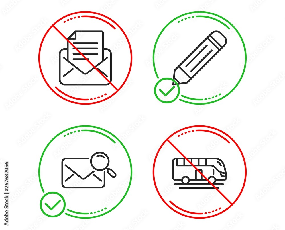 Poster do or stop. pencil, mail correspondence and search mail icons simple set. bus tour sign. edit data, 