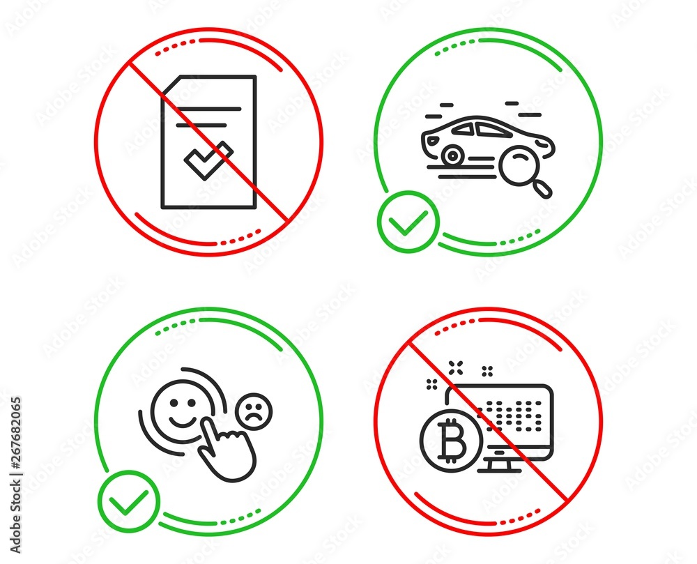Poster do or stop. search car, checked file and customer satisfaction icons simple set. bitcoin system sign