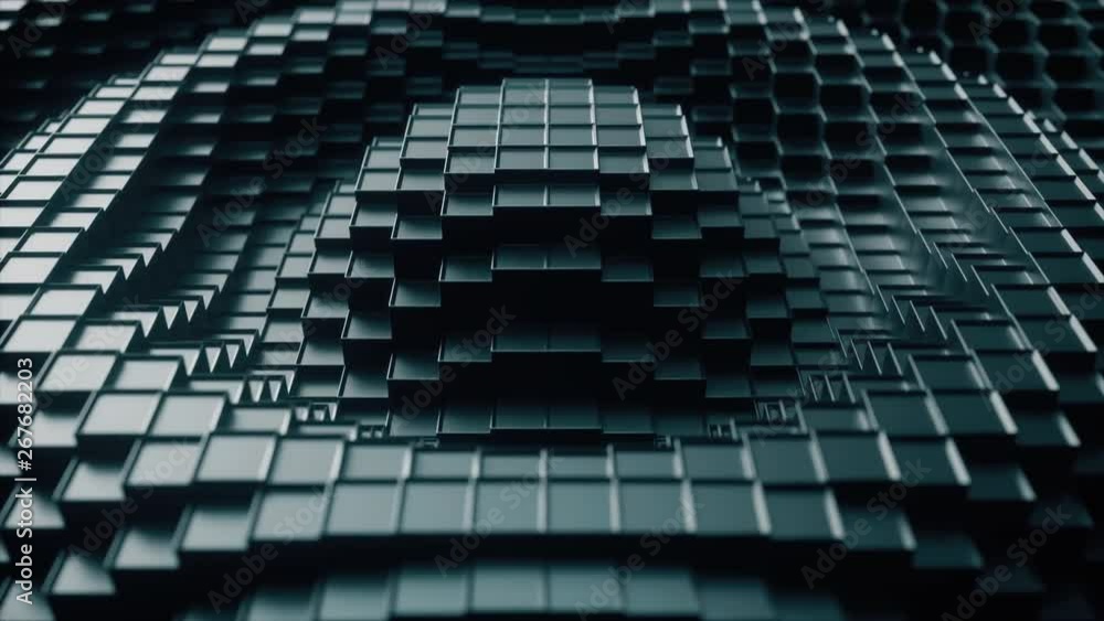 Poster 3d render. dark plastic cubic surface in wave motion. abstract seamless loop 3d animation of cubes m