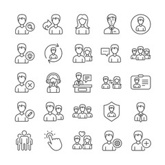 User people line icons. Profile, Group and Support icons. ID card, Teamwork people and Businessman symbols. Couple love, Security profile and User management support. Quality set. Vector