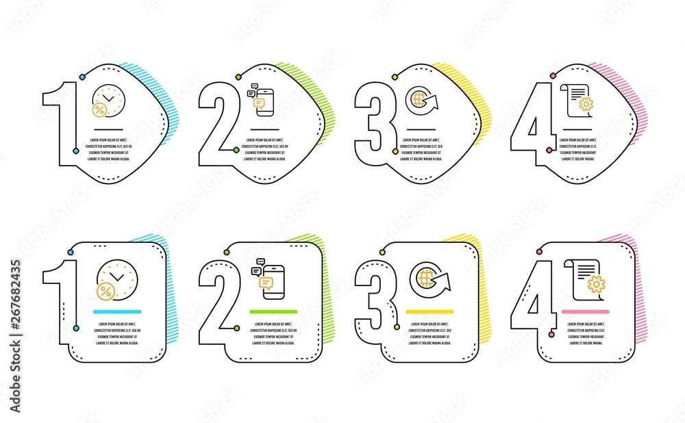 Poster world globe, loan percent and communication icons simple set. technical documentation sign. around t