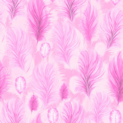 Watercolor fashion seamless pattern with pink feathers on light pink background. Vintage print