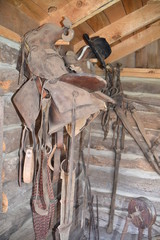 Vintage farm wagon, horse tact and farm tools