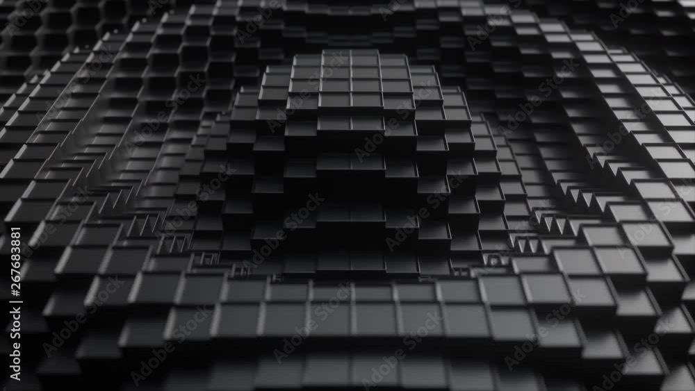 Poster 3d render. dark plastic cubic surface in wave motion. abstract seamless loop 3d animation of cubes m