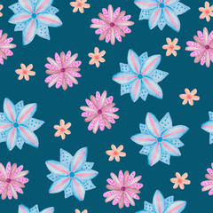 Fototapeta na wymiar Hand drawn blue and pink flowers - seamless pattern on navy blue background