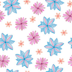 Hand drawn blue and pink flowers - floral seamless pattern isolated on white background