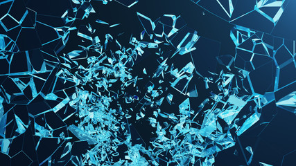 3D illustration wall of glass with a hole in the center of shatters into small pieces. Place for your banner, advertisement. The explosion caused a crack in the wall. Explosion hole in ice cracked