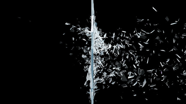Abstract broken glass into pieces. Wall of glass shatters into small pieces. Place for your banner, advertisement. Explosion caused the destruction of glass. 3d illustration