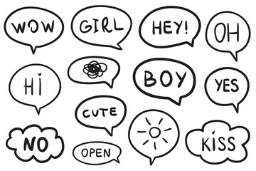 Set of hand drawn think and talk speech bubbles. Abstract symbols on white. Line art. Collection of different signs. Black and white illustration
