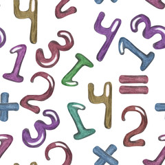 Watercolor number seamless pattern on a white background for packaging on school subjects