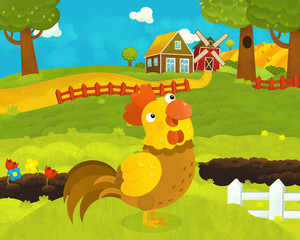Obraz na płótnie Canvas cartoon happy and funny farm scene with happy rooster - illustration for children
