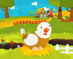 cartoon happy and funny farm scene with happy rooster chicken or hen - illustration for children