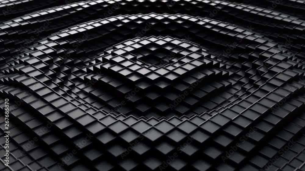 Poster 3d render. dark plastic cubic surface in wave motion. abstract seamless loop 3d animation of cubes m