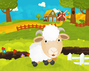 cartoon happy and funny farm scene with happy sheep - illustration for children