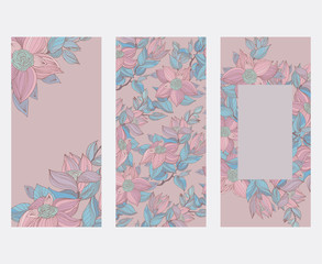 Cards set with pale pink and blue vintage floral ornament