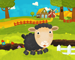 cartoon happy and funny farm scene with happy sheep - illustration for children