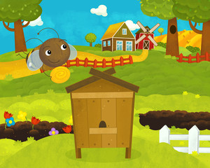 cartoon happy and funny farm scene with happy and funny flying bee - illustration for children