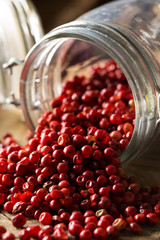 Pink or rose brazilian red peppercorns (schinus terebinthifolius) in glass jar on rustic wooden table background