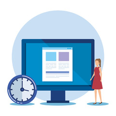 professional businesswoman with computer document and clock