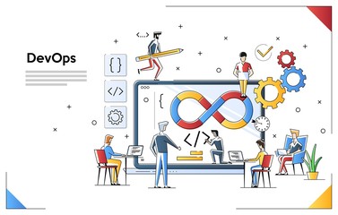 Programmers at work concept. Can use for web banner, infographics, hero images. DevOps. Flat vector illustration isolated on white background. People team work together