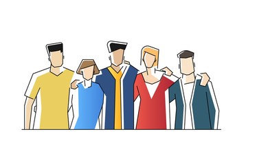 Group portrait of funny smiling office workers or clerks standing together. Team of cute cheerful male and female employees or colleagues.