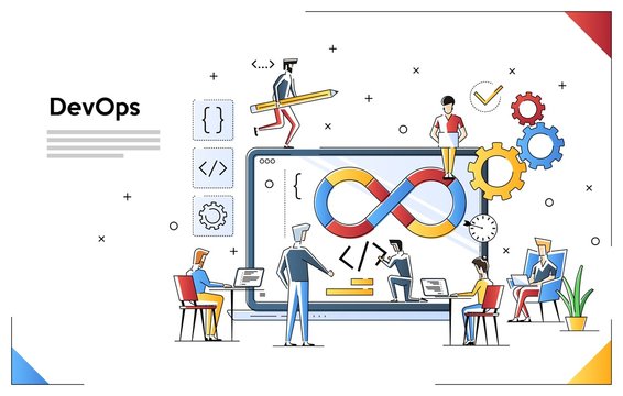 Programmers at work concept. Can use for web banner, infographics, hero images. DevOps. Flat vector illustration isolated on white background. People team work together