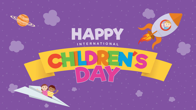 Happy International Children's Day greeting card. Colored letters on a yellow ribbon with a child flying on a rocket and a couple of children on a paper plane on a purple sky with clouds and stars