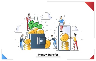 Naklejka premium Transfering money, sending money from wallet to smartphone. Small people characters doing various tasks, concept vector illustration in flat style