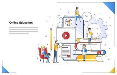 Vector Illustrations of online Course. Video educations. Online education concept illustration. Small people characters doing various tasks. Idea of skills and internet.