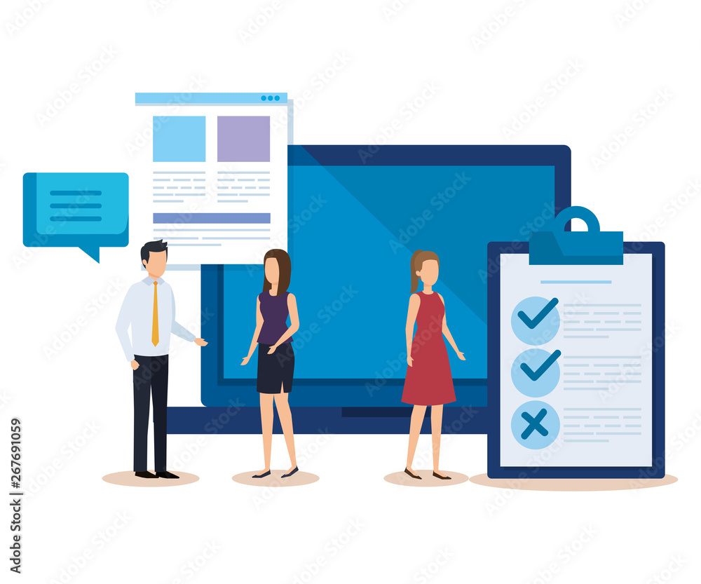 Poster businesspeople with laptop and documents check list