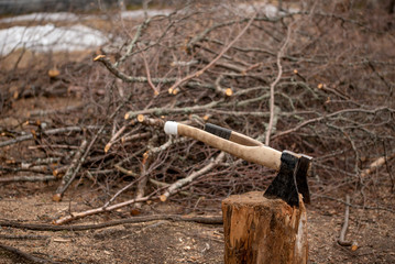 Two axes in a stub for splitting of firewood in the yard