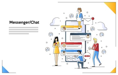Mobile chat design concept. Small people character are setting near big smartphone and communicate through smartphones gadgets. Trendy flat style. Vector illustration.