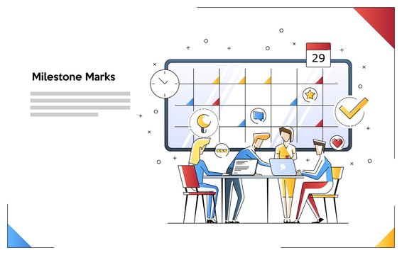 Team work and milestone marks with characters on the electron calendar. Can use for web banner, infographics, hero images. Flat vector illustration isolated on white background.