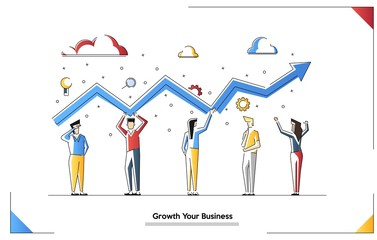 Vector illustration of Business team building growth graph and preparing for the big profit. Candlestick chart of the stock market, move up motivation. The way to achieve the goal