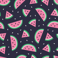 Seamless pattern of watermelon slices on the dark backdrop. Fresh summer fruit background.