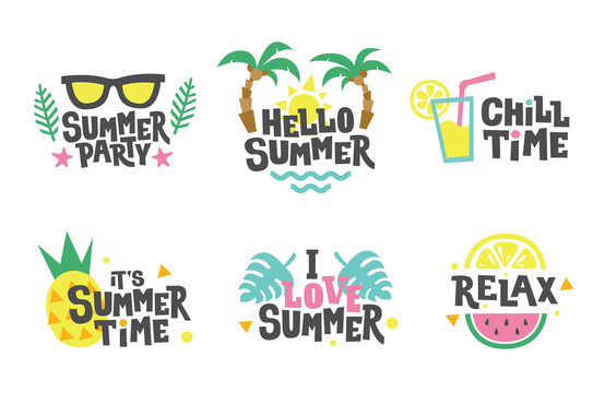 Summer Labels, Stickers, Icons, Logo Set. Tropical Party Elements In Flat Style. Chill, Relax, Love.