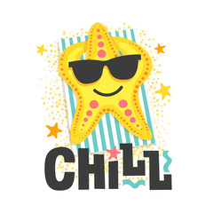 Chill. Starfish sunbathes in glasses on the beach. Cartoon illustration with funny inscription.
