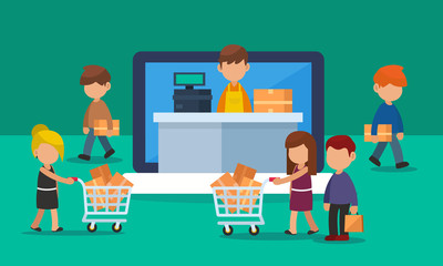 Online shopping storefront on laptop or computer  with customer traffic. Vector illustration