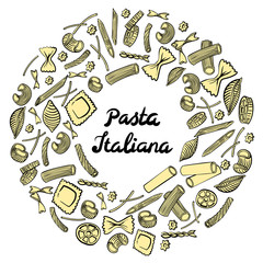 Round frame with italian macaroni of different kinds. Colored hand draw on white background