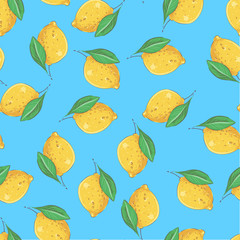 Seamless pattern yellow lemons on a blue background. Vector illustration