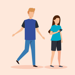 man and woman with casual clothes and smartphone