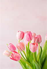 Lovely pink Tulips on a Pink Marbled Background with Copy Space