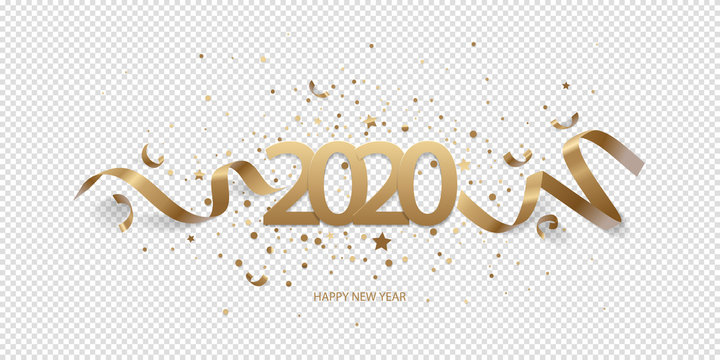 Happy New Year 2020. Golden numbers with ribbons and confetti on a transparent background.