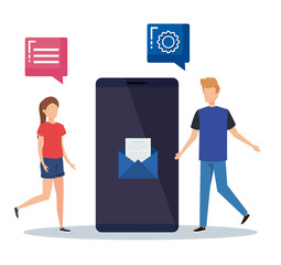 woman and man with smartphone media technology