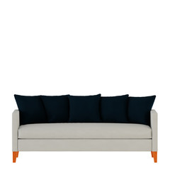 White fabric sofa with pillows on a white background 3d rendering front view