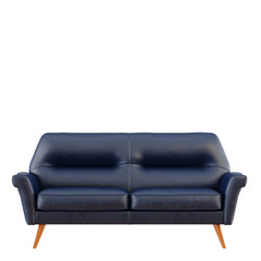 Blue leather sofa on white background 3d rendering front view