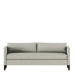 White fabric sofa with pillows on a white background 3d rendering front view