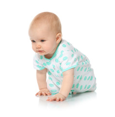 Cute little baby crawling on white background