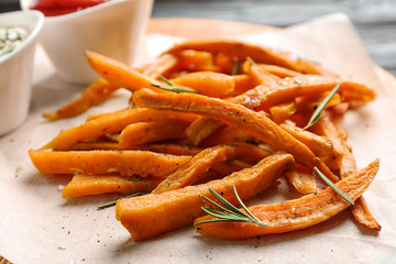 Closeup view of board with sweet potato fries