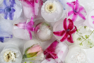 Ice cubes with flowers on light background, top view